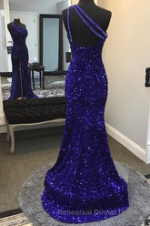 Sparkly Royal Blue Sequins One Shoulder Long Semi Formal Prom